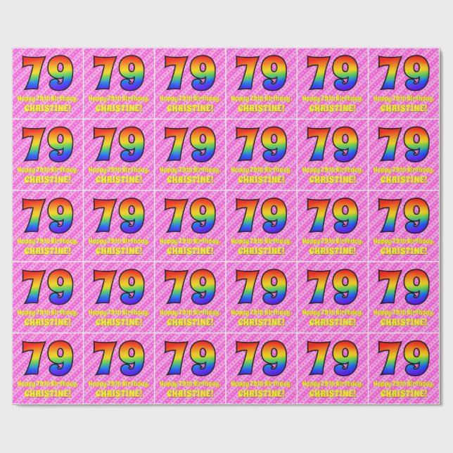 79. Geburtstag: Rosa Streifen & Herz, Regenbogen # Geschenkpapier (Flach)