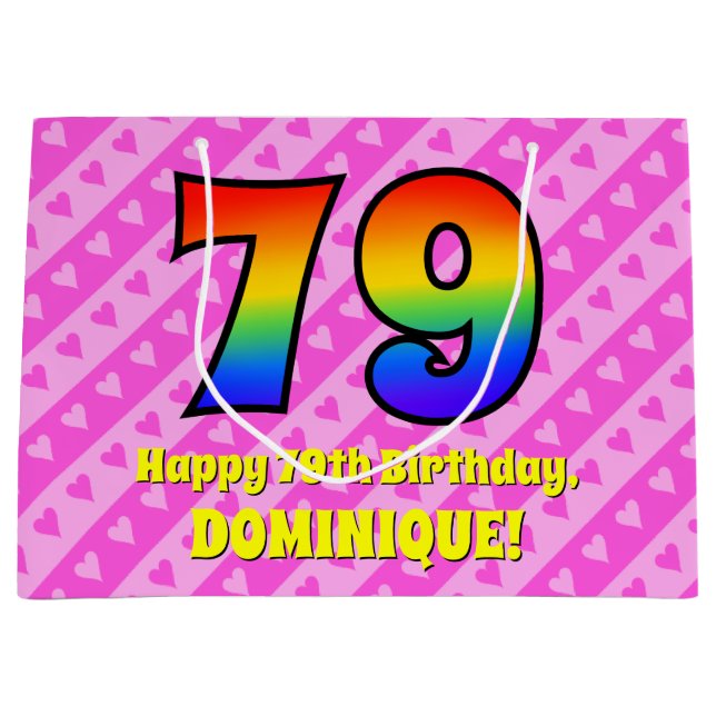 79. Geburtstag: Rosa Streifen & Herz, Regenbogen # Große Geschenktüte (Vorderseite)