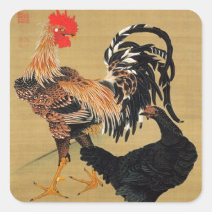 7. 大 鶏 雌 図, 若 冲 Chickens, Jakuchū Quadratischer Aufkleber