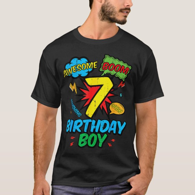 7 Birthday Boy Comic Cool 7th Bday Superhero Party T-Shirt (Vorderseite)