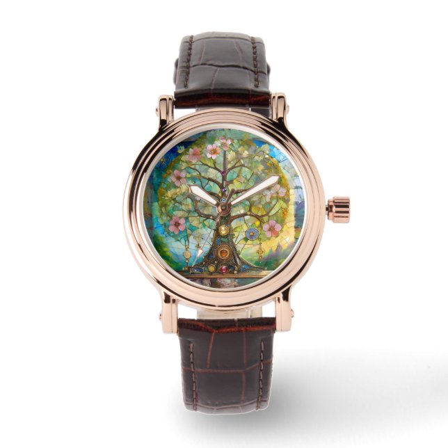 7 Chakra Blütenbaum Armbanduhr (Vorderseite)
