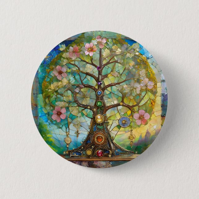 7-Chakra-Blütenbaum des Lebens Button (Vorderseite)