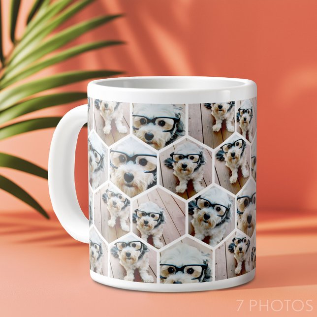 7 Foto Collage - Funkes Hexagon-Muster Jumbo-Tasse (7 Photo Personalized Mug - funky honeycomb pattern)