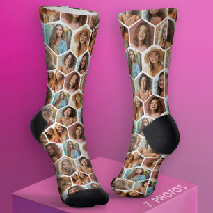 7 Foto Collage - Funkes Wabenmuster - weiß Socken