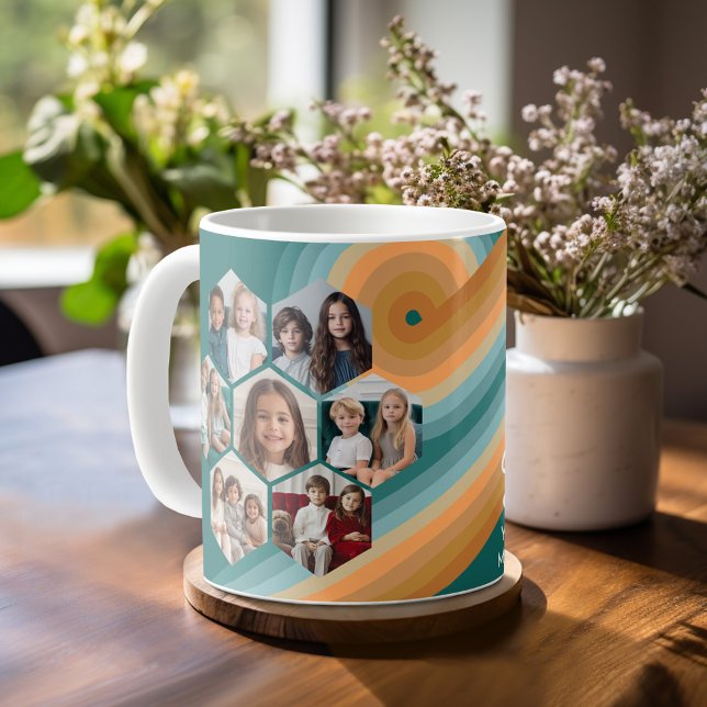 7 Foto Collage funkionierte Hexagon Muster Sonnenu Kaffeetasse (Personalized mug template with a funky 7 photo collage and custom text)