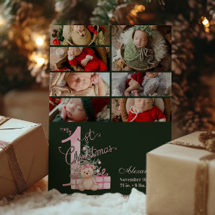 7 Foto Pink Green Baby First Christmas Feiertagskarte