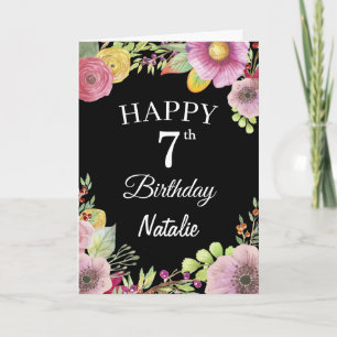 7. Geburtstag Aquarell Blumen Schwarz Karte