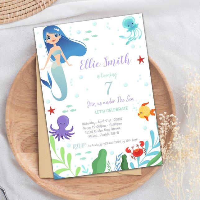 7. Geburtstag der Meerjungfrau Einladung (7th Mermaid Birthday Invitations)