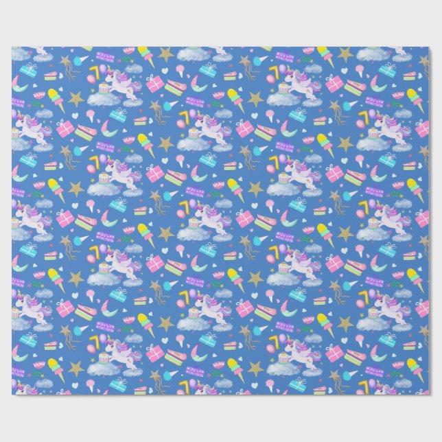 7. Geburtstag Einhorn Muster Blau Geschenkpapier (Flach)
