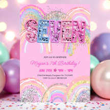 7. Geburtstag Einladung Girl Editable Rainbow Sequ