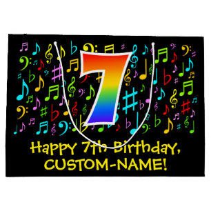 7. Geburtstag - Farbige Musiksymbole, Regenbogen 7 Große Geschenktüte