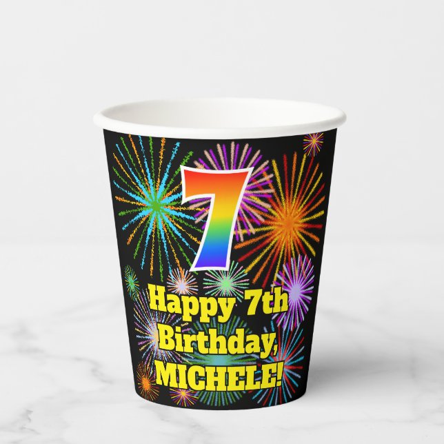 7. Geburtstag: Fun Fireworks Pattern + Regenbogen  Pappbecher (Vorderseite)