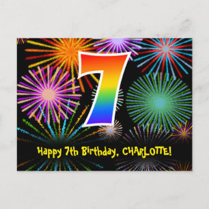 7. Geburtstag - Fun Fireworks Pattern + Regenbogen Postkarte