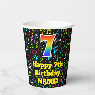 7. Geburtstag: Fun Musiknotens Pattern, Regenbogen Pappbecher