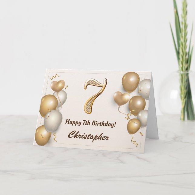 7. Geburtstag Gold Balloons und Confetti Geburtsta Karte (Vorderseite)