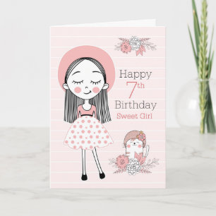 7. Geburtstag kleines Mädchen und Katze in Rosa We Karte