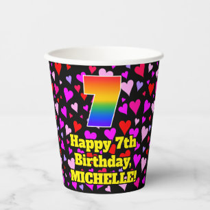 7. Geburtstag: Liebes Herz Muster, Regenbogen 7 Pappbecher