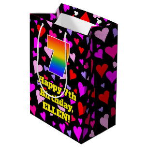7. Geburtstag: Love Hearts Pattern, Regenbogen # 7 Mittlere Geschenktüte