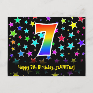 7. Geburtstag: Lustiges Sterne-Muster, Regenbogen Postkarte