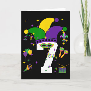 7. Geburtstag Mardi Gras Thema 7 Jahre alter Junge Karte
