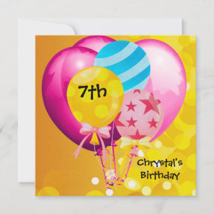 7. Geburtstagsfeier Rosa Gelb Blaue Ballons Mädche Einladung