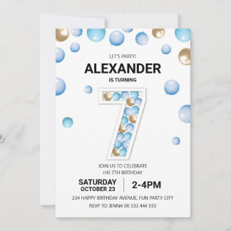 7. Geburtstagsparty, Blue and Gold Balloon Boy Einladung
