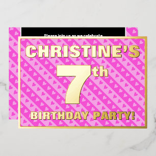 7. Geburtstagsparty — Fun Pink Hearts and Stripes Folieneinladung