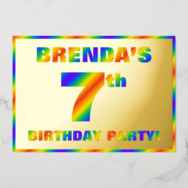 7. Geburtstagsparty — Spaß, Regenbogenspektrum "7" Folieneinladung (Vorderseite)