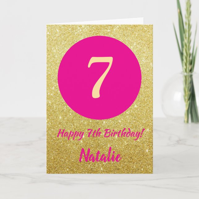 7. Happy Birthday Hot Pink und Gold Glitzer Karte (Vorderseite)