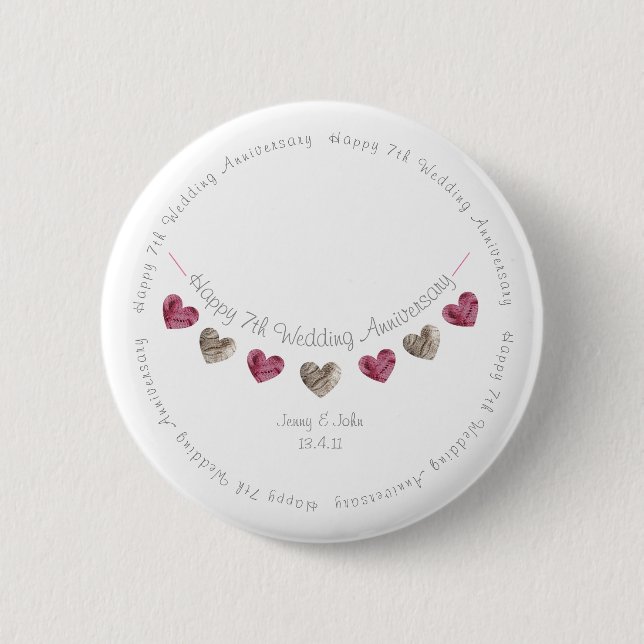7. Hochzeitstag Wollherzen Button (Vorderseite)