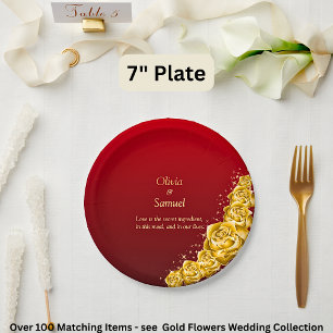 7" Namen und goldene Blumen auf rotem Maroon  Pappteller