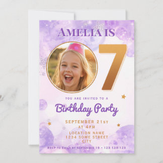 7 Purple Gold Star Bubbles Birthday Invitation Einladung