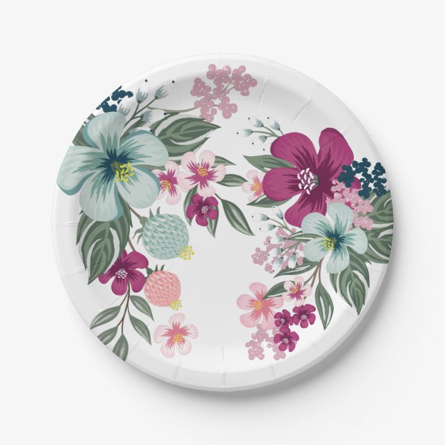 7" Round Paper Plate Tropical Blume auf Weiß Pappteller (Vorderseite)