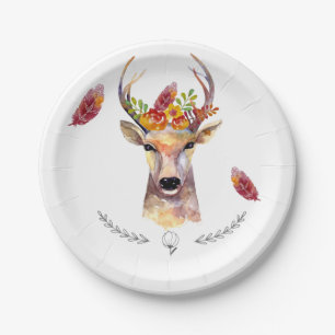 7" Runde Pappteller Boho Hirsch Bock Kopf Bräunung