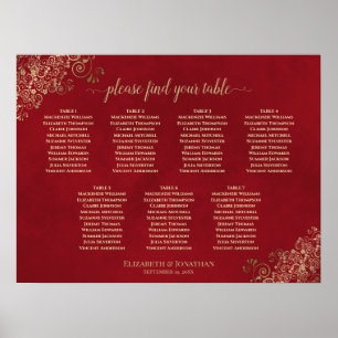 7 Tabelle Crimson Red & Gold Wedding Seekarte Poster