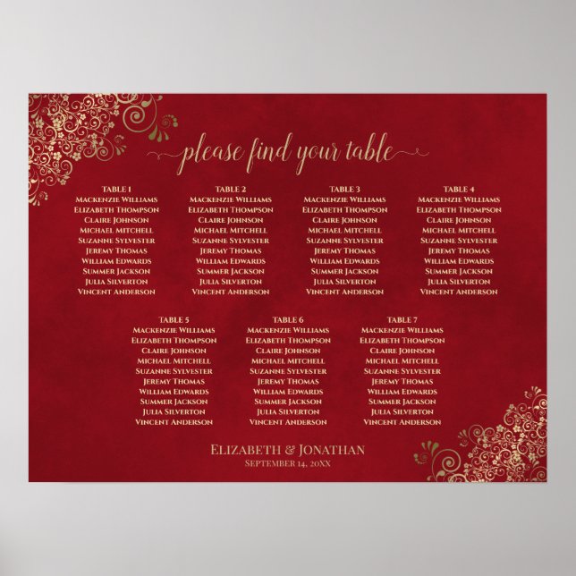 7 Tabelle Crimson Red & Gold Wedding Seekarte Poster (Vorne)