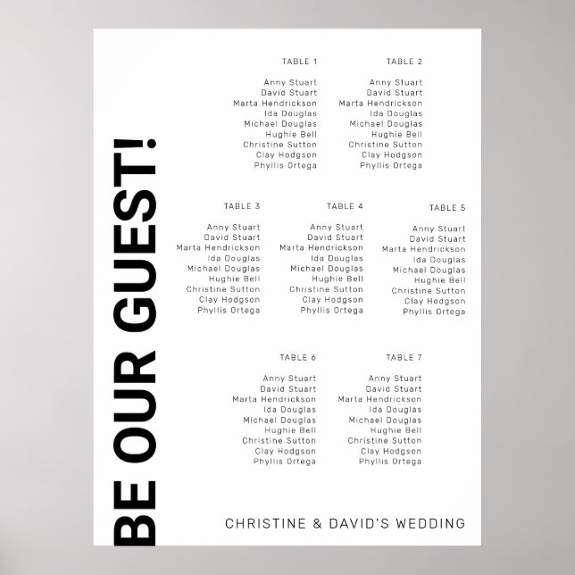 7 Tabelle Einfache White Wedding Chart Poster (Vorne)