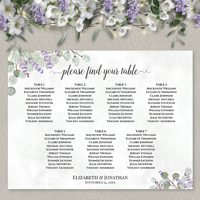 7 Tabelle Lavendel Eukalyptus Hochzeitstabelle Poster (In Situ on Wall with Flowers)