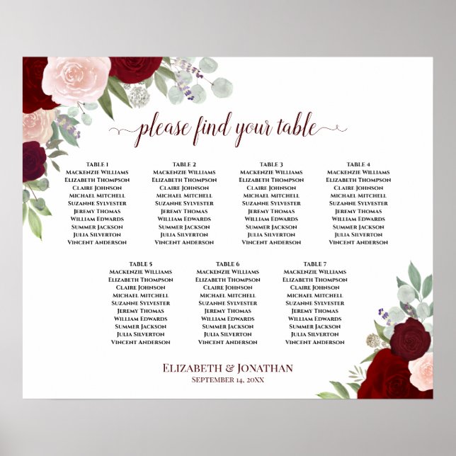7 Tabelle Rose Rot und Blüte Sitzdiagramm Poster (Vorne)