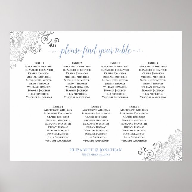 7 Tabelle Weiß & Blau Frilly Wedding Seating Chart Poster (Vorne)