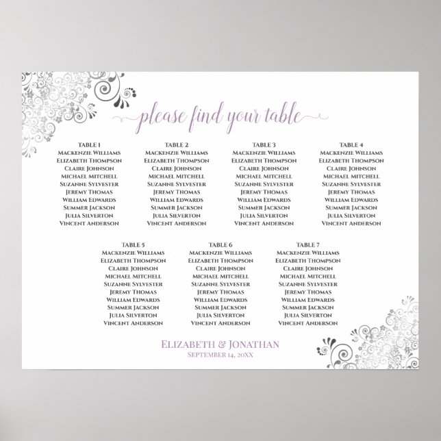 7 Tabelle White & Lavender Wedding Seating Chart Poster (Vorne)