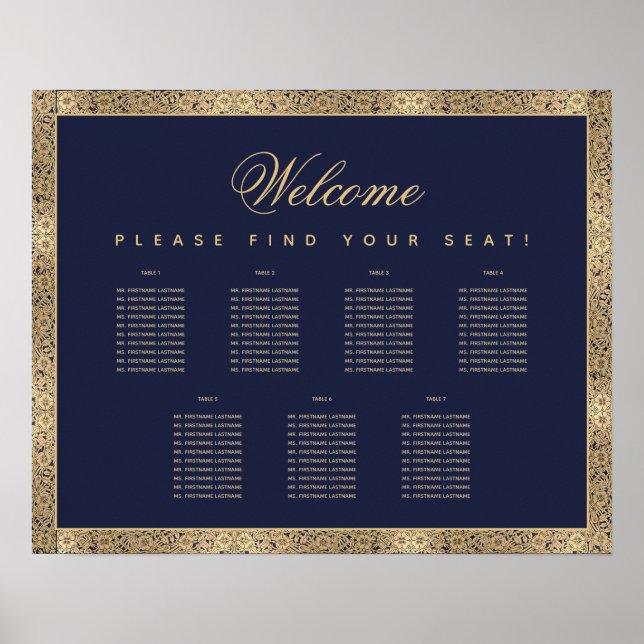 7 Table Navy Blue Gold Rose Script Seekarte Poster (Vorne)