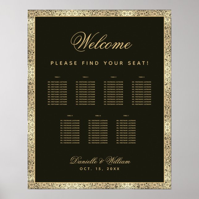 7 Tables Black Gold Vintage Wedding Chart Poster (Vorne)
