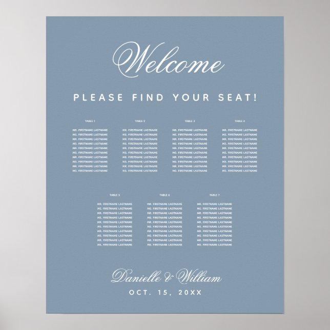 7 Tables Dusty Blue Wedding Script Seating Chart Poster (Vorne)