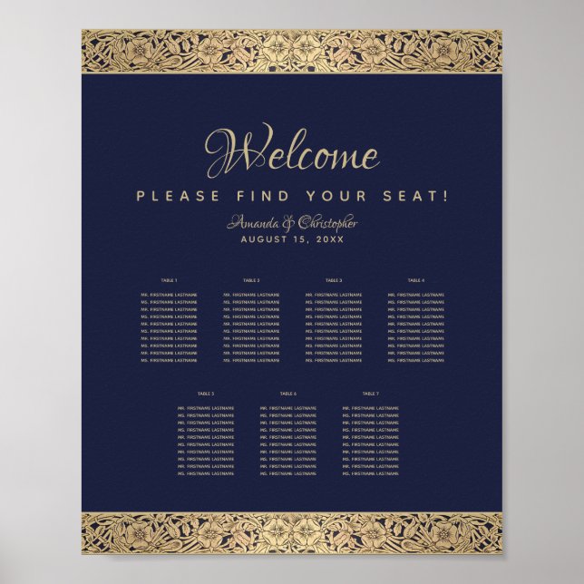 7 Tables Navy Blue Wedding Chart Gold Rose Poster (Vorne)