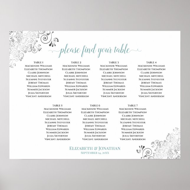 7 Tafelweiße und Aquamarine Frily Wedding Seating  Poster (Vorne)