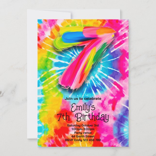7. Tie Dye Geburtstag Einladung (Vorderseite)