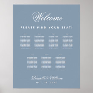 7 Tische Dusty Blue Hochzeit Schrift Sitzordnung Poster
