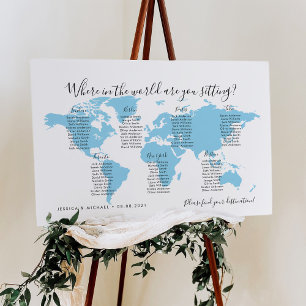 7 Tische Reiseziele Weltkarte Sitzplan Poster