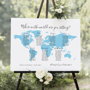 7 Tische Reiseziele Weltkarte Sitzplan Poster